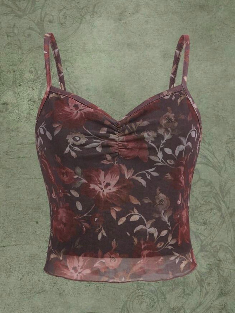 ROMWE Floral Mesh Cropped Tank Top - Burgundy